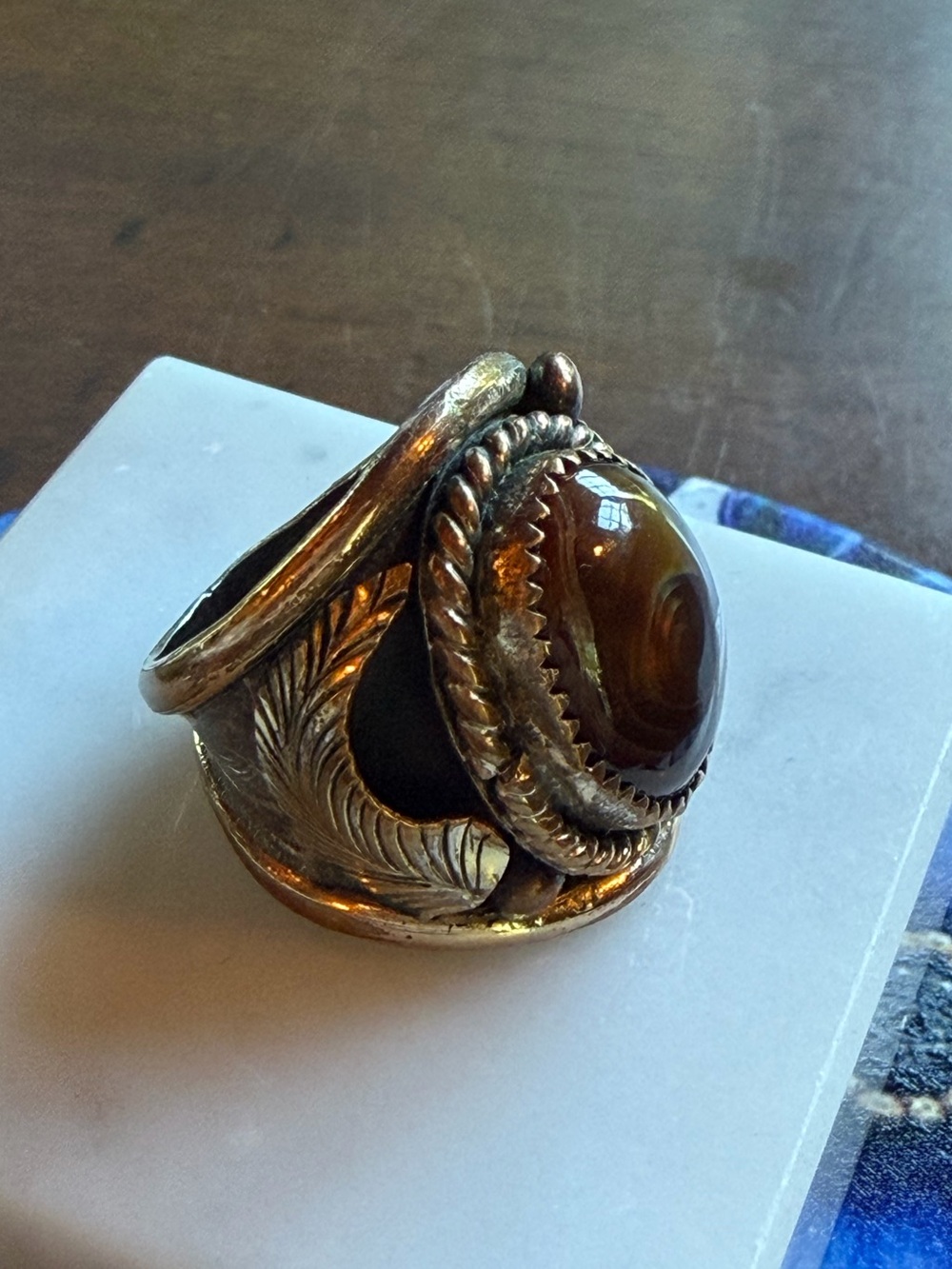Tigers Eye Ring ornate feather design #E201 size 8.5
